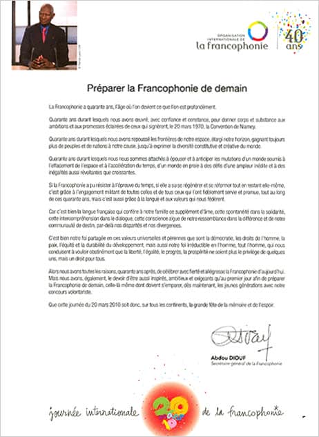 Lettre Abdou Diouf Journée de la Francophonie le 20 mars 2010